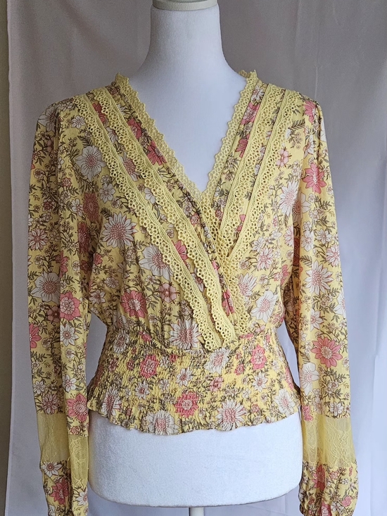 Self E Tops - Yellow Pink Floral Boho Faux Wrap Smocked Blouse Lace Size M
